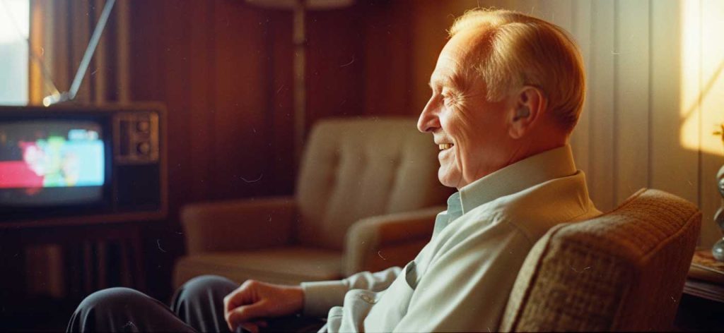 Ηλικιωμένος παρακολουθεί τηλεόραση φορώντας ασύρματο ακουστικό βαρηκοΐας