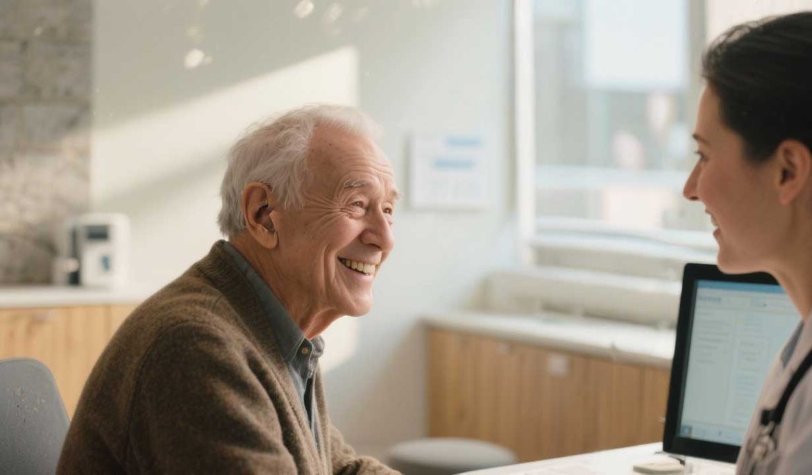 Ενήλικας φορά σύγχρονο ακουστικό βαρηκοΐας και χαμογελά, απολαμβάνοντας καθαρή ακοή στην καθημερινότητά του