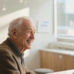 Ενήλικας φορά σύγχρονο ακουστικό βαρηκοΐας και χαμογελά, απολαμβάνοντας καθαρή ακοή στην καθημερινότητά του