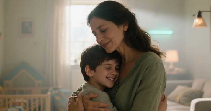 Μητέρα αγκαλιάζει το παιδί της, συμβολίζοντας τη σημασία της ακοής και της επικοινωνίας